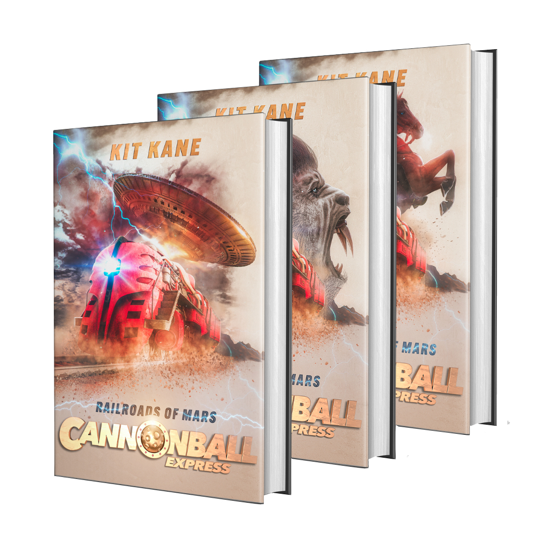 Three hardcover books displaying cover images from CANNONBALL EXPRESS - A Sci-Fi Western Book Series by Kit Kane