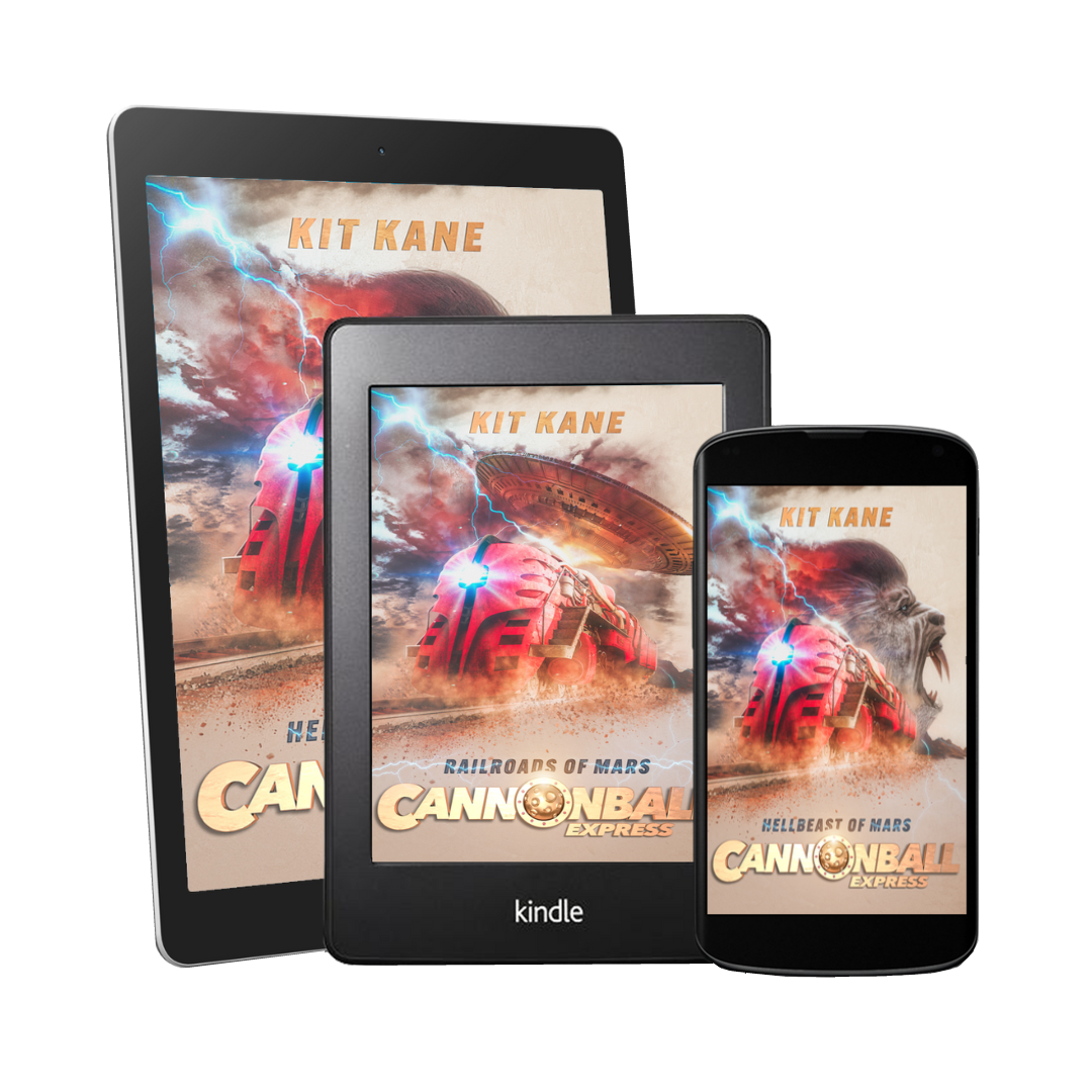 A tablet, an ereader, and a phone, all displaying on their screens Ebook cover images from CANNONBALL EXPRESS - A Sci-Fi Western Book Series by Kit Kane