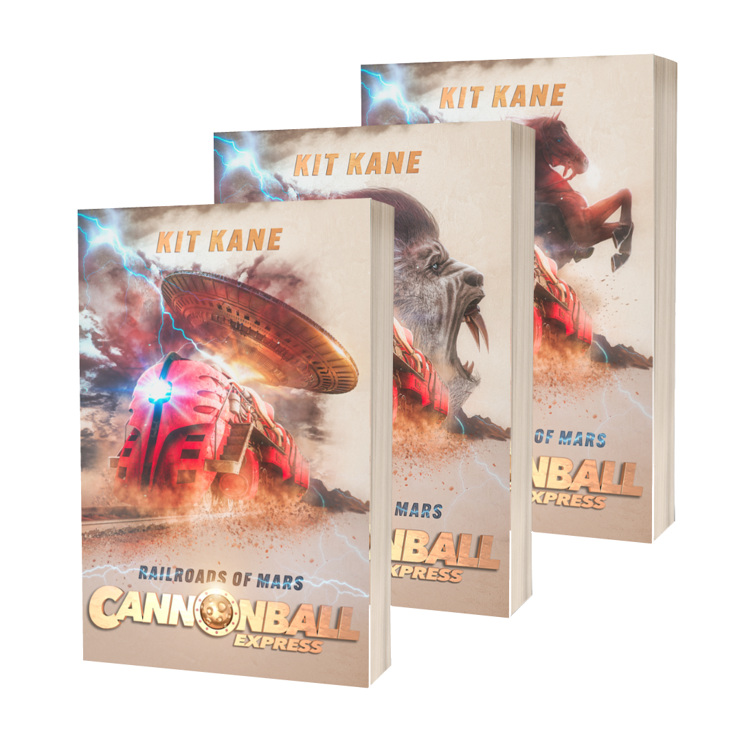 Three paperback books displaying cover images from CANNONBALL EXPRESS - A Sci-Fi Western Book Series by Kit Kane