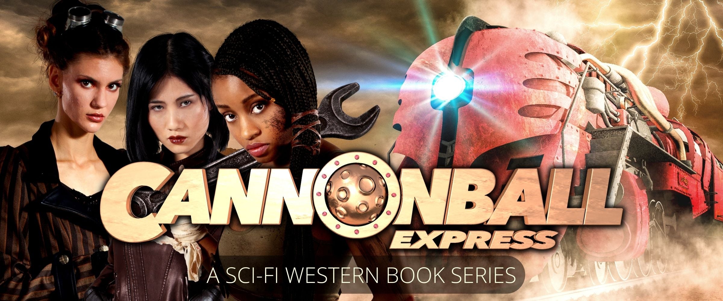 Image of a red sci-fi train thundering over the railroads of Mars, while lightning flashes and three determined young women - the heroes of the CANNONBALL EXPRESS sci-fi western book series - stand in the foreground, ready for action.