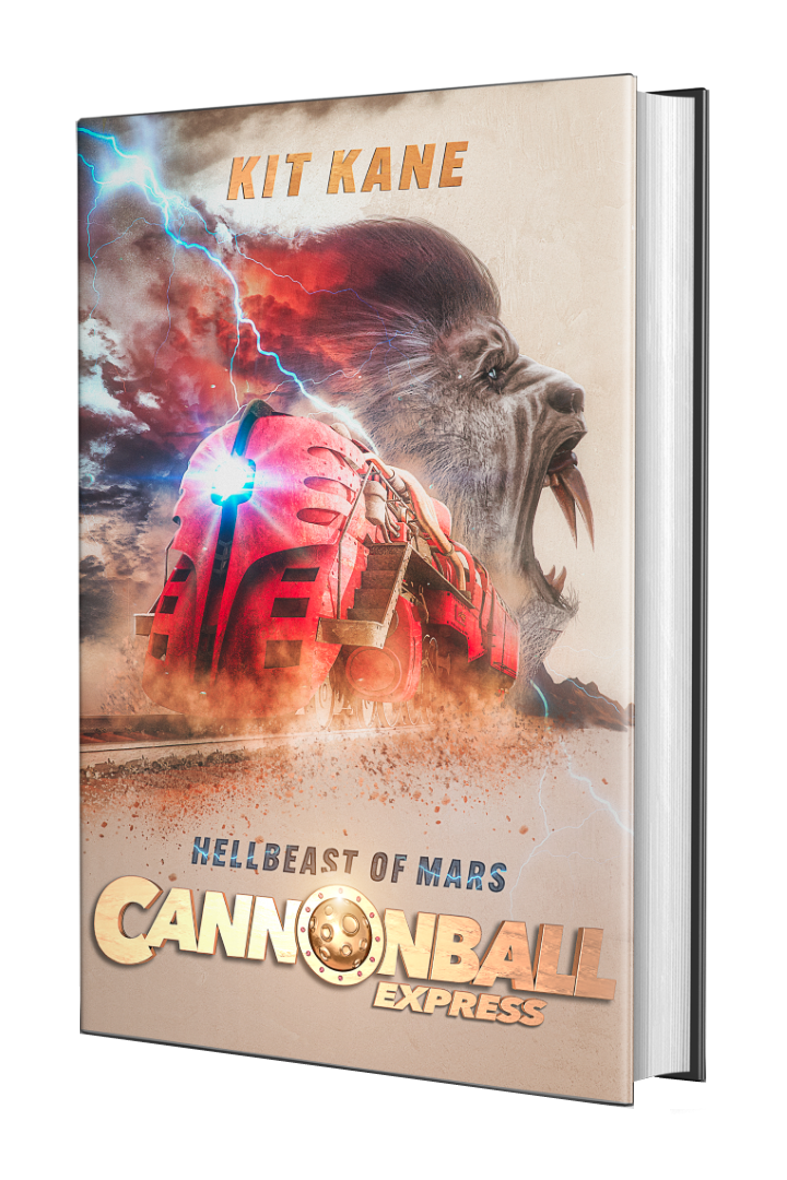 CANNONBALL EXPRESS - A Sci-Fi Western Book Series by Kit Kane - Book 2 - Hellbeast of Mars - Hardcover Cover - Image of a red sci-fi train thundering over the railroads of Mars, while a gigantic ape-like alien monster roars in the background.