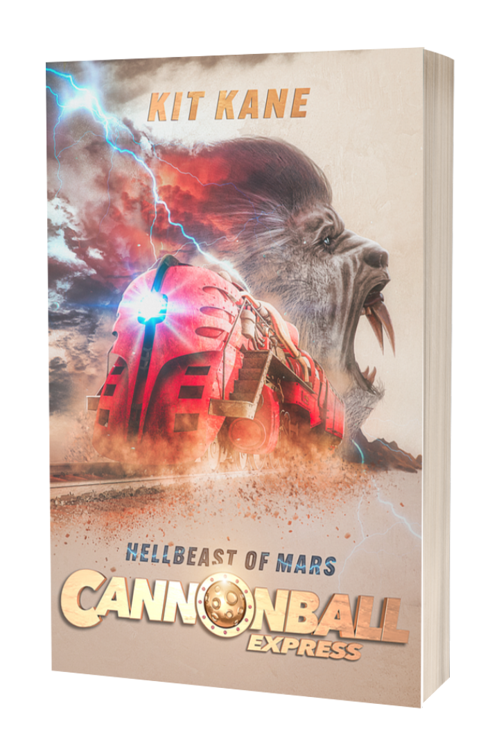 CANNONBALL EXPRESS - A Sci-Fi Western Book Series by Kit Kane - Book 2 - Hellbeast of Mars - Paperback Cover - Image of a red sci-fi train thundering over the railroads of Mars, while a gigantic ape-like alien monster roars in the background.