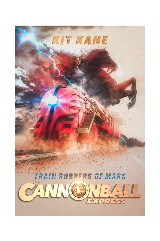 CANNONBALL EXPRESS - A Sci-Fi Western Book Series by Kit Kane - Book 3 - Train Robbers of Mars - Ebook Cover - Image of a red sci-fi train thundering over the railroads of Mars, while in the background, lightning crashes and a heroic young woman struggles to control a rearing horse.