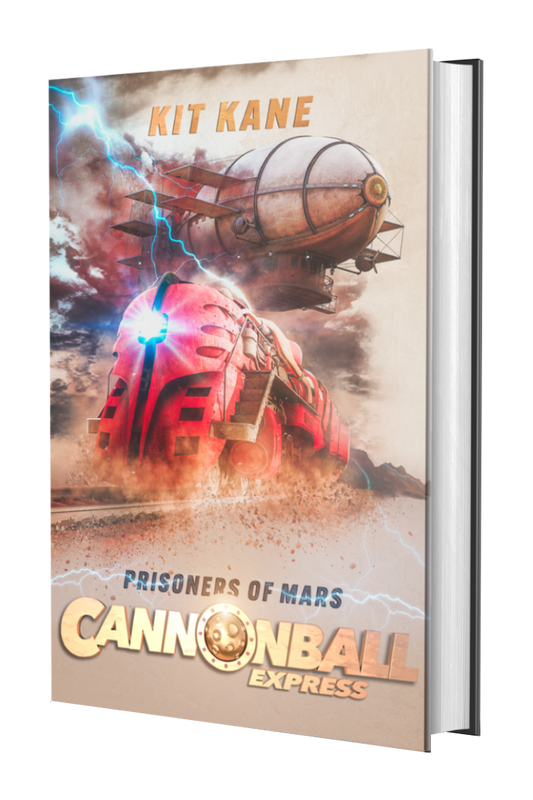 CANNONBALL EXPRESS - A Sci-Fi Western Book Series by Kit Kane - Book 4 - Prisoners of Mars - Hardcover Cover - Image of a red sci-fi train thundering over the railroads of Mars, while in the background, lightning crashes and a huge airship looms.