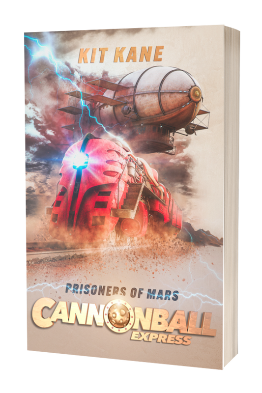 CANNONBALL EXPRESS - A Sci-Fi Western Book Series by Kit Kane - Book 4 - Prisoners of Mars - Paperback Cover - Image of a red sci-fi train thundering over the railroads of Mars, while in the background, lightning crashes and a huge airship looms.