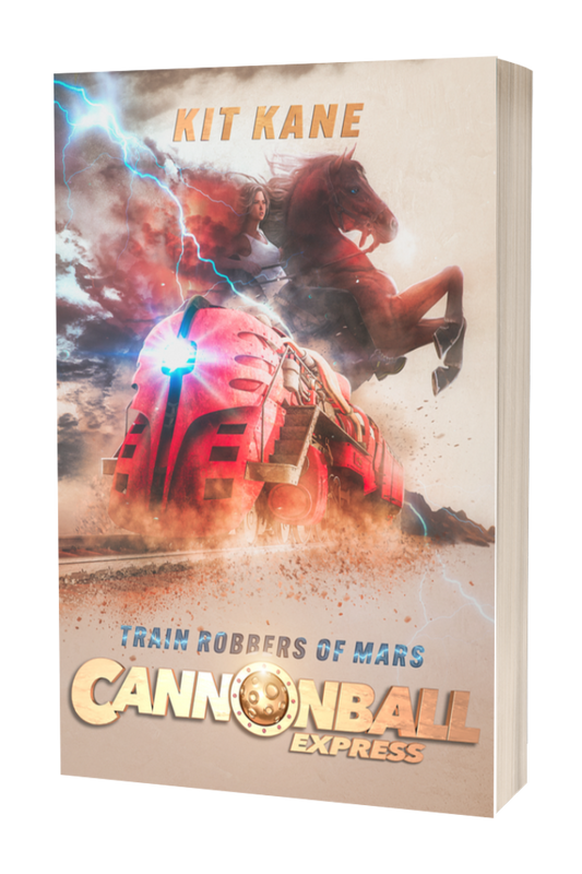 CANNONBALL EXPRESS - A Steampunk Space Western Sci-Fi Books Series by Kit Kane - Book 3 - Train Robbers of Mars - Paperback Cover - Image of a red sci-fi train thundering over the railroads of Mars, while in the background, lightning crashes and a heroic young woman struggles to control a rearing horse.