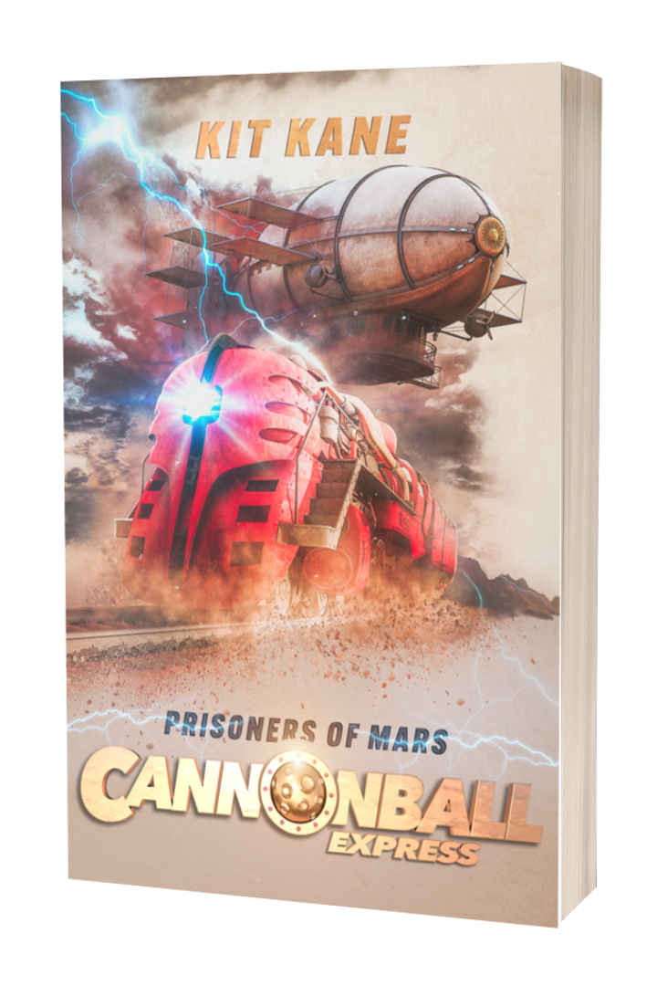 CANNONBALL EXPRESS - A Steampunk Space Western Sci-Fi Books Series by Kit Kane - Book 4 - Prisoners of Mars - Paperback Cover - Image of a red sci-fi train thundering over the railroads of Mars, while in the background, lightning crashes and a huge airship looms.